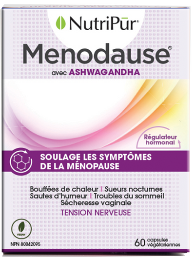 Menodause - Nutripur - avec ashawandha - soulage les symptomes de la menopause - bouffƩes de chaleures - sueurs nocturnes - sautes d'humeur - troubles du sommeil - sƩcheresse vaginale - tension nerveuse