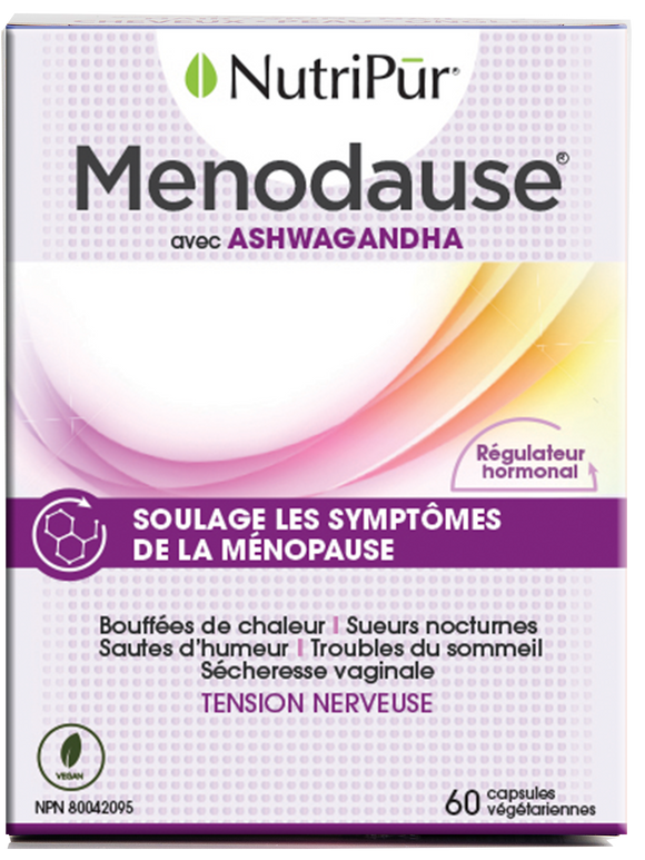 Menodause - Nutripur - avec ashawandha - soulage les symptomes de la menopause - bouffƩes de chaleures - sueurs nocturnes - sautes d'humeur - troubles du sommeil - sƩcheresse vaginale - tension nerveuse
