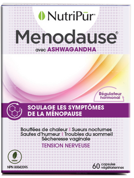 Menodause - Nutripur - avec ashawandha - soulage les symptomes de la menopause - bouffées de chaleures - sueurs nocturnes - sautes d'humeur - troubles du sommeil - sécheresse vaginale - tension nerveuse 
